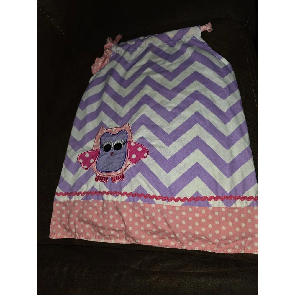 Boutique back to school pink purple owl adjustable dress size L fits like 2t